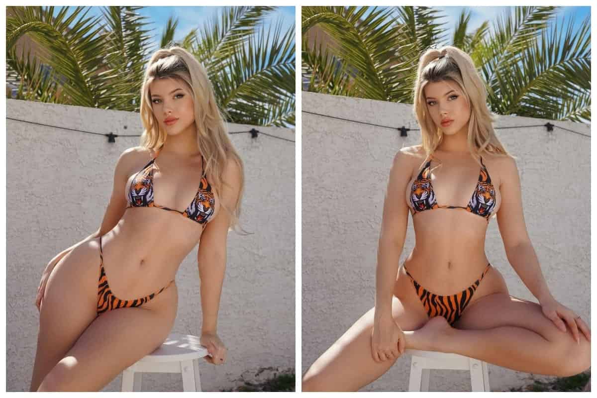 Gabi Champ wears a tiger bathing suit that attracts many people’s attention