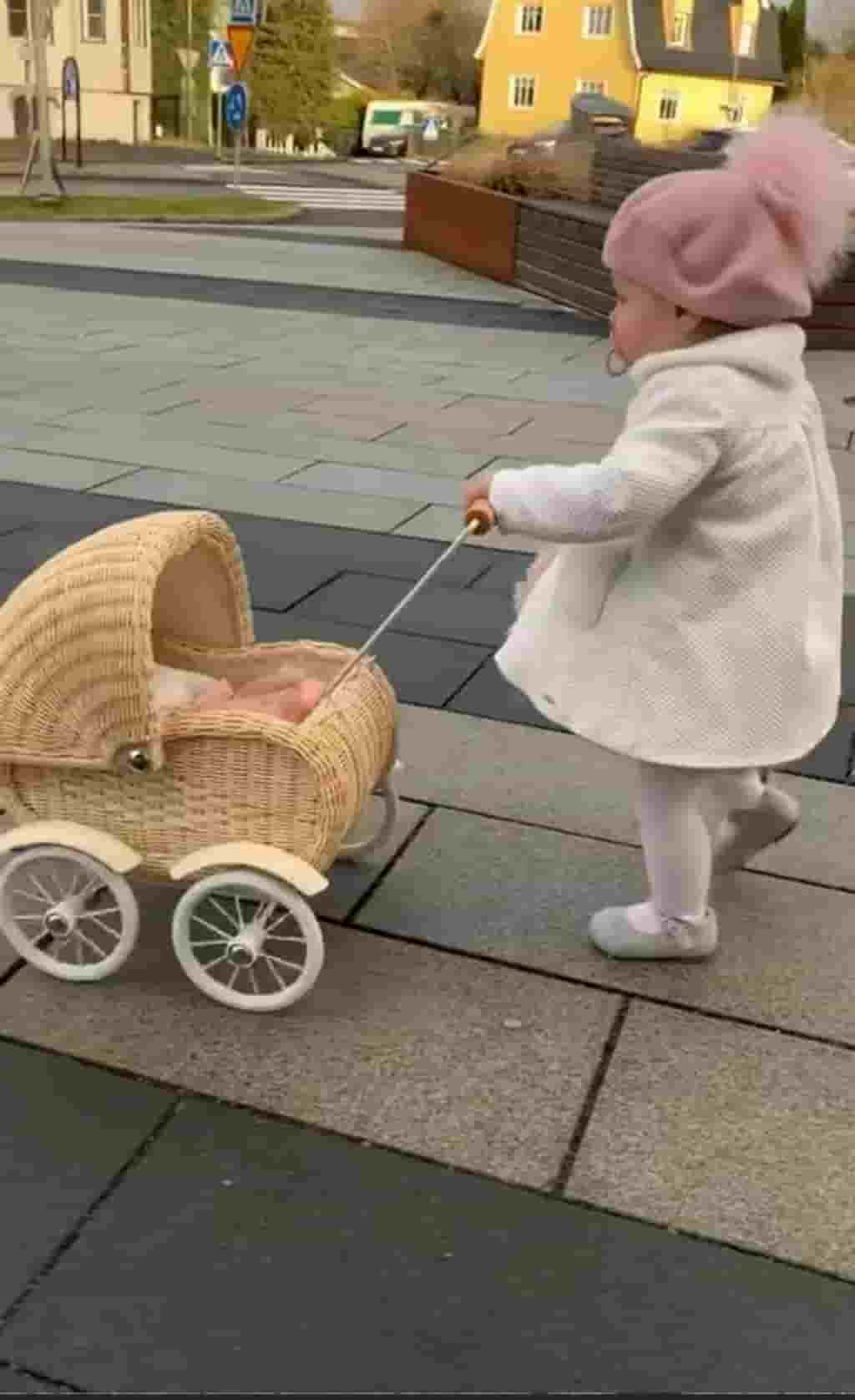 Funny and adorable pictures of baby pushing his doll stroller